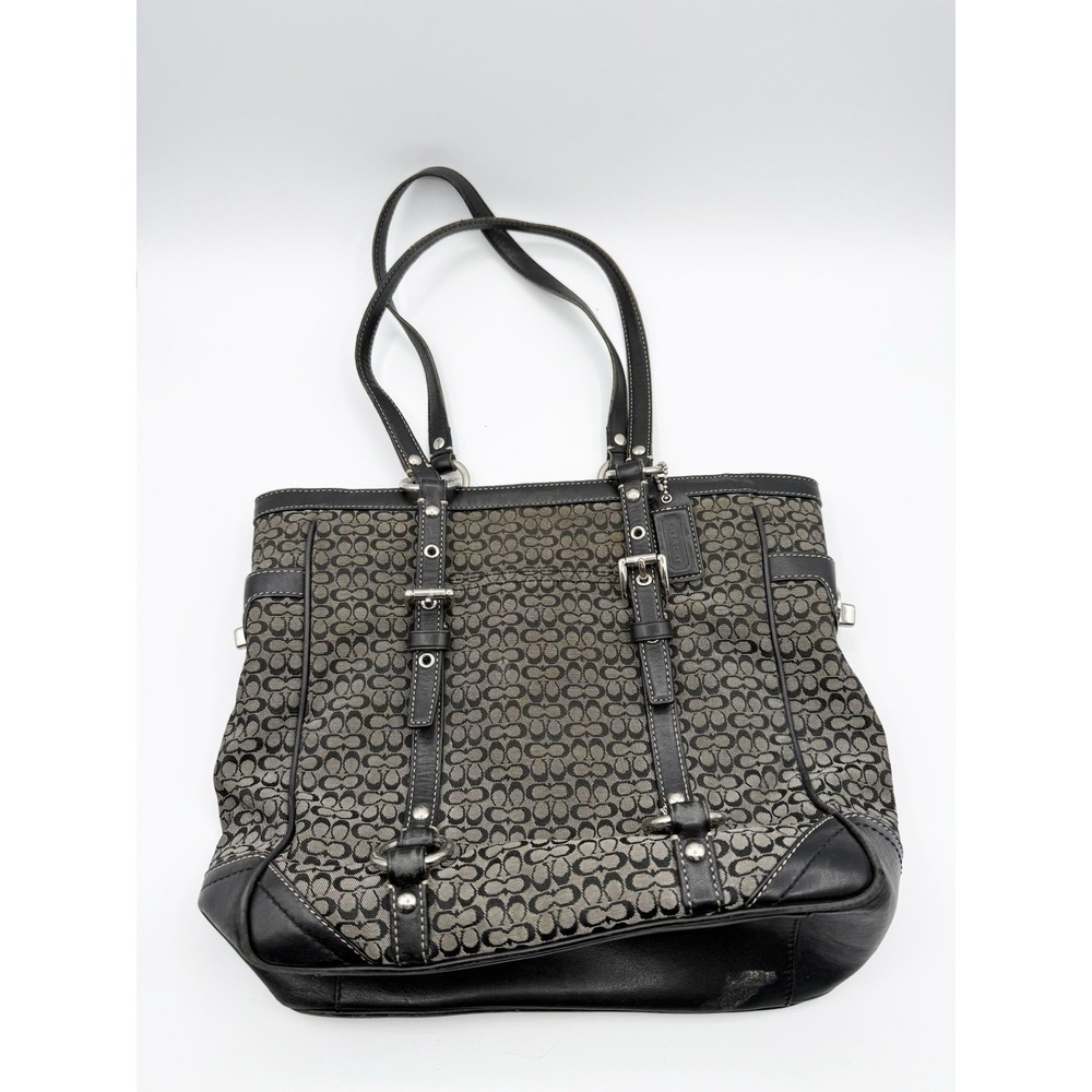 Coach Gray & Black Signature Jacquard Leather Trim Tote Bag L0749-F11526 Logo